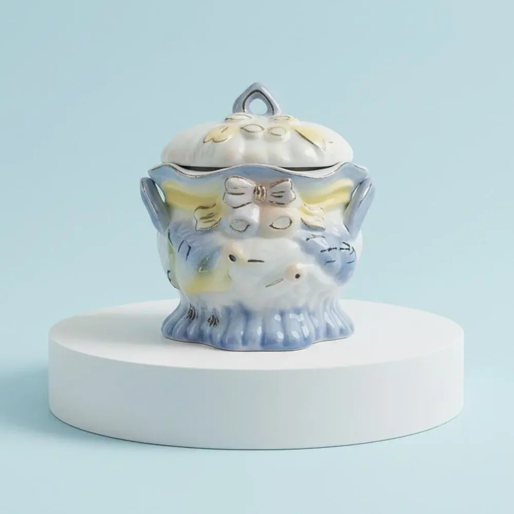 Vintage Porcelain Crane Trinket Box | 1970s Pastel Blue Lidded Dish